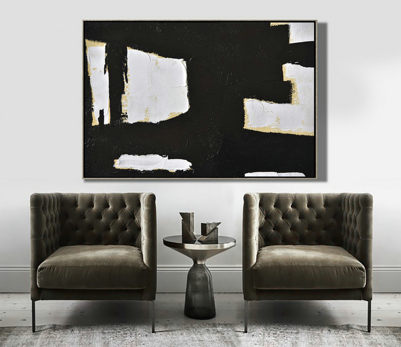 Extra Large Wall Art,Horizontal Palette Knife Minimal Canvas Art Painting Black White Beige - Abstract Art Decor,Contemporary Painting